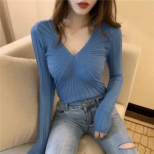 Girls V-neck Pleated Knitted Full Sleeve Sweater Pullover Womens Chic Sheath Jumpers Sweaters Tops