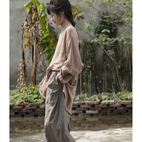 Womens Kimono Original Design Summer Elastic Waist Wide Leg Plaid Cotton Comfortable Pleated Straight-Leg Pants Cropped Casual