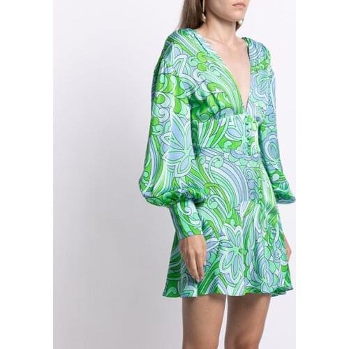 Summer Dress 2021 New Green Printed V-neck Lantern Sleeve High Waist A-line Short Dress Woman