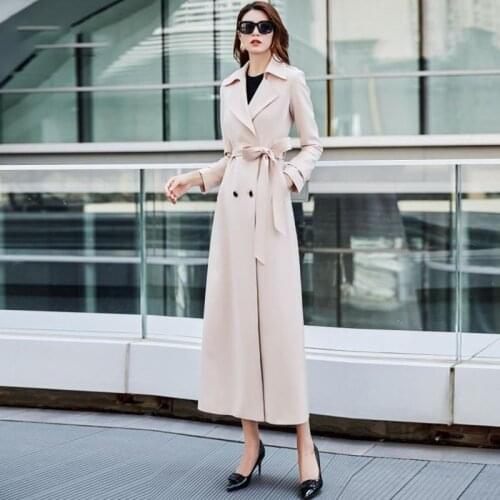 Womens Autumn Coat Popular Beige Black Red Temperament OL Slim Long Suit Collar Double Breasted Jacket