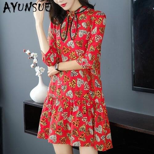 Real Silk Dress Women Spring Summer Dress Korean Print Midi Beach Dress Elegant Party Dresses Woman Vestidos Mujer 19115 YY2729