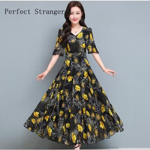 2021 Summer New Arrival M-4XL V Collar Flower Printed Short Sleeve High Quality Women Dress Long Chiffon Dress