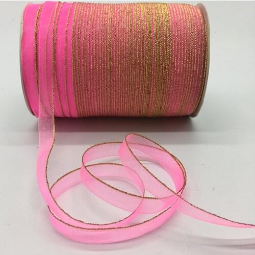 10yds/lot 3/8" 10mm Deep pink Glitter Golden Rimmed Organza Ribbon Bow Hair Wedding Decoration Lace Crafts