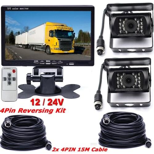 12V-24V 7" LCD Rear View Monitor +2x 4Pin 18 IR LEDs Night Vision Waterproof Reversing Reverse Camera for Truck RV Bus Trailers