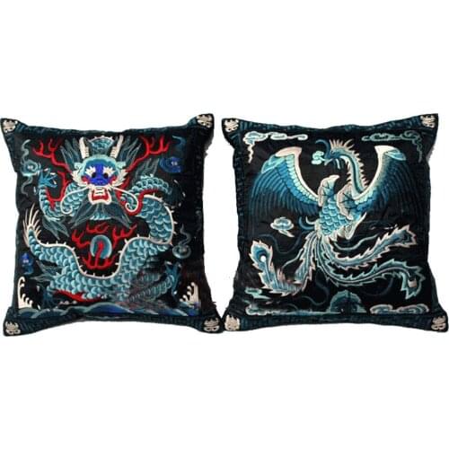 2 pcs Vintage Chinese Black Ethnic Retro Embroider Dragon&Phoenix Cushion Pillowcase