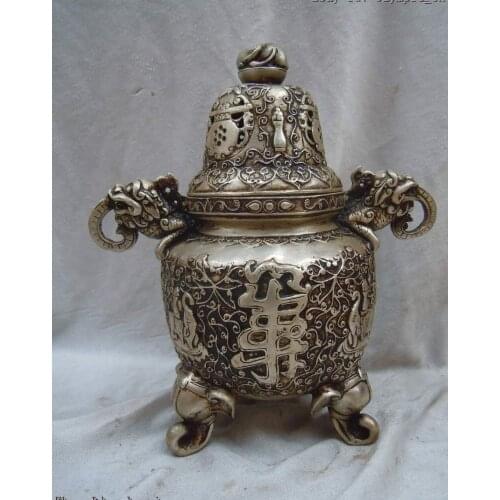 9" old China silver longevity elephant Three-legged censer Incense Burner statue