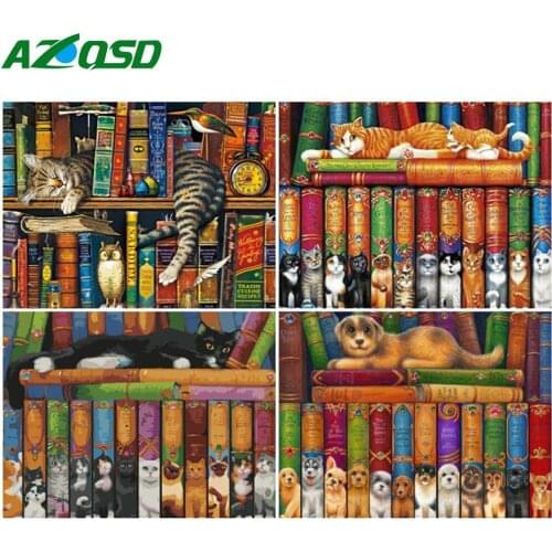 AZQSD Oil Painting By Number Animal Handpainted Modern Wall Picture By Numbers Cat Book Handmade Room Decoration