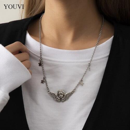 YOUVI Angel Pedant Necklace for Women Choker Jewelry Charm Stainless Steel Men Necklace Heart Tassel Pedants Chain Necklace