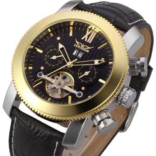 Fashion Jaragar Top Brand Men Hollow Automatic Mechanical Tourbillon Male Leather Clock Mens Fashion Business Waterproof Watch