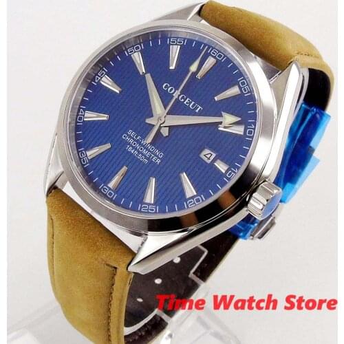 41mm Corgeut Miyota 8215 automatic wrist watch men sapphire glass polished waterproof leather strap date blue dial luminous