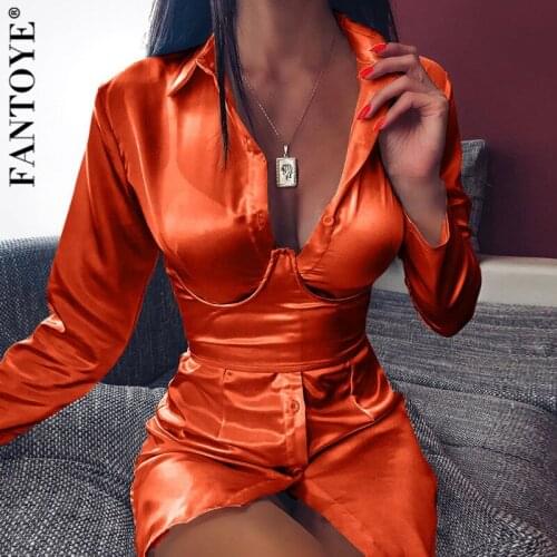 Fantoye 2021 Women Sexy V Neck Blouse Dress With Girdle Summer Satin Bodycon Party Dress Female Autumn Clubwear Dresses Vestidos