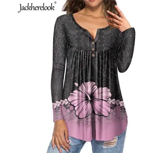 Jackherelook Spring Long Sleeve Blouses Pink Hawaii Hibiscus Polynesian Samoa Brand Designer Large Size Tops Shirts for Girls