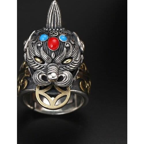 925 Sterling Silver color Punk Adjustable Pixiu Ring Inlaid turquoise Lucky God beast brave troops Statement Men Ring Jewelry