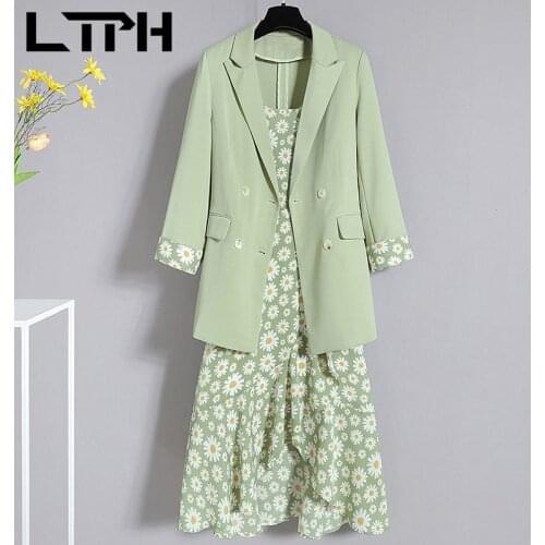 LTPH Green Floral Dress Suits Plus Size Clothes 2 piece set women Thin Blazer Inside Sleeveless midi dresses 2021 Summer New