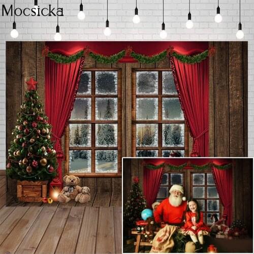 Mocsicka Xmas Photography Background Christmas Tree Red Curtain Big Window Backdrop Child Portrait Photo Decoration Props Studio
