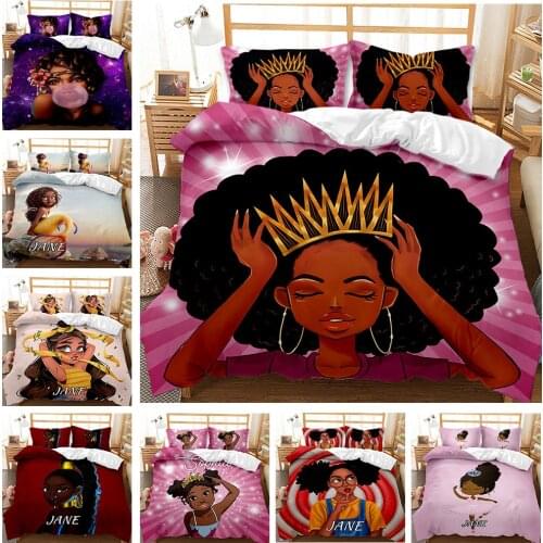 Fashion African American Girl Bedding Set Queen For Gilrs Kids 2/3Piece Cute Princess Duvet Cover Black Girls With Pillowcases