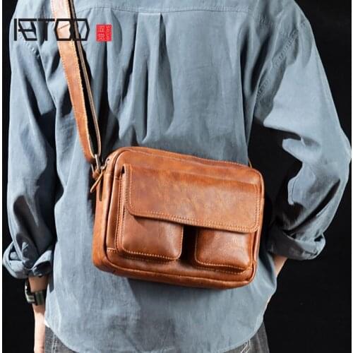 AETOO Vegetable tanned leather retro mens messenger bag, mens leather shoulder bag, casual leather mens bag