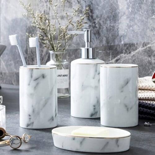 Gray Marbling Bathroom Set Ceramics Lotion Bottle Mouth Cup Soap Dish Plastic Rectangular White Tray Bathroom Five piece set WF