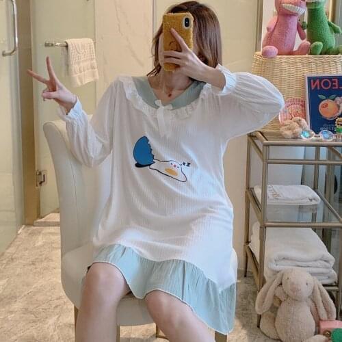 Sweet Princess 100% Cotton Long Sleeve V-neck Nightgown Women Autumn Cute Lace Sleepwear Night Gown Nightdress Home Dress Nighty