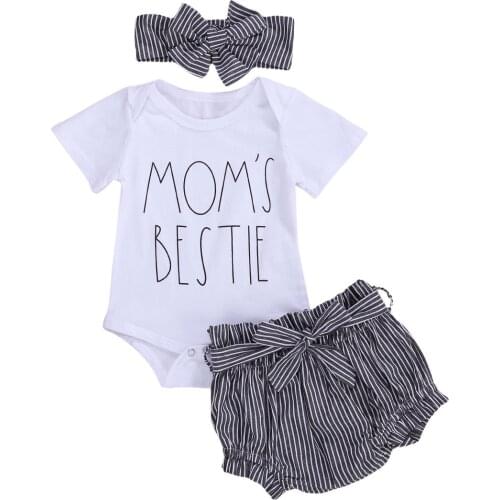 New 3Pcs Toddler Girl Cute Stripe T-Shirts Tops + Shorts + Headband Summer Outfits