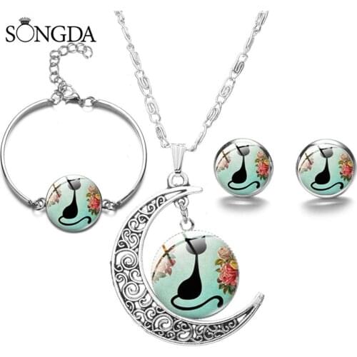 Cat In The Night Necklace Set Cats Watching Moon Glass Dome Stud Earrings Bracelets Necklaces Sets Jewelry For Women Gifts