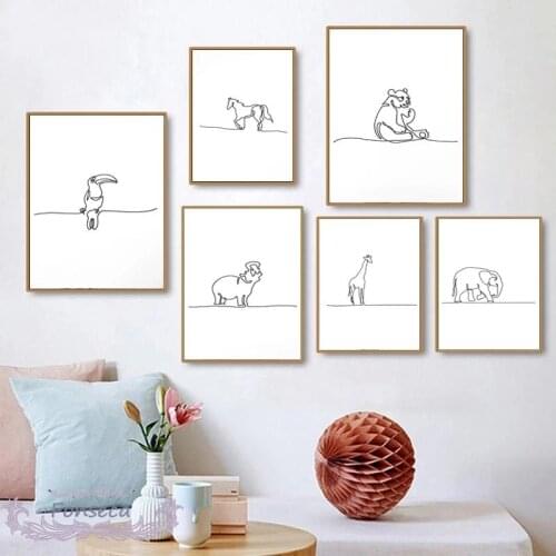 Simple Cartoon Line Drawing Animal Canvas Painting Abstract Creative Horse Elephant Bird Poster Wall Art Modern Decoration