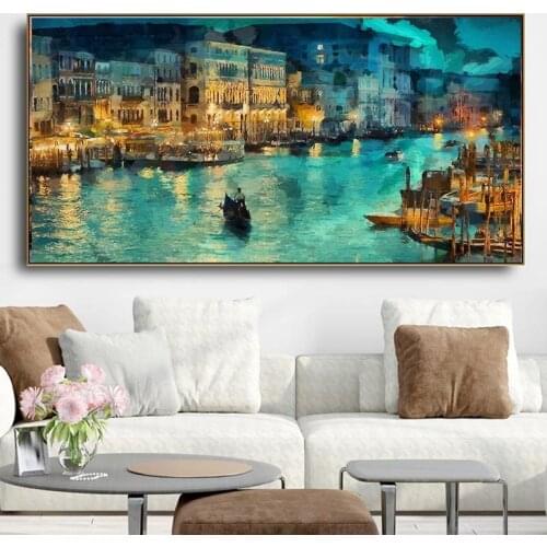 Modern Laeacco Venice Night View Canvas Painting Landscape Posters and Prints Wall Art Pictures for Living Room Decor No Frame