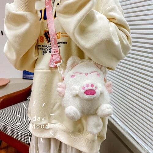 Japanese Kawaii Cat Plush Messenger Bag Sweet Lolita Soft Kids Girls Furry Shoulder Bag Soft Cute Handbag Cosplay JK Dolls Bags