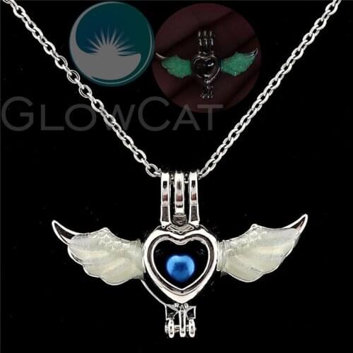 Glow in the Dark Feather Wings Heart Beads Pearl Cage Perfume Diffuser Pendants Locket Necklace K1020