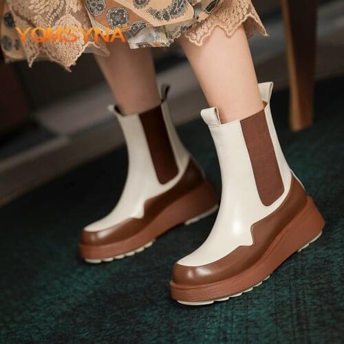 YQMSYNA Fashion Womens Boots Thick Bottom Flat With Non-slip Mixed Colors Round Toe Chelsea Boots Office Commute Shoes AS325