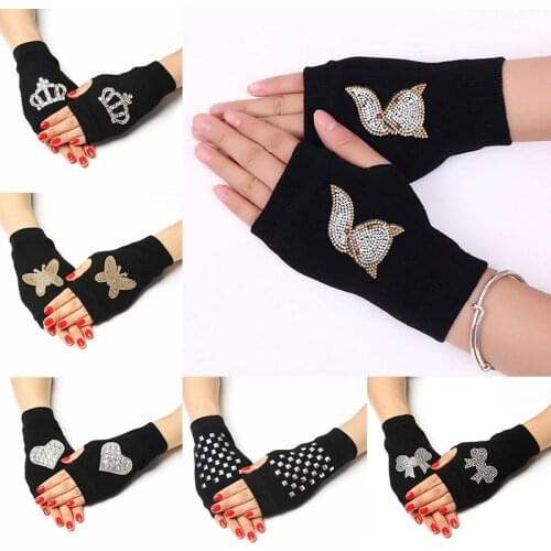 Womens Half Finger Hand Warmer Fingerless Mittens Sparkling Knitted Gloves Winter Black Rhinestone