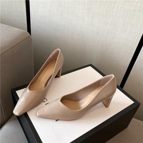 Women Pumps Square Toe Slip On Thick High Heels Ladies Shallow Design Solid Color Women Pumps Spring Autumn Office Pumps Size 39