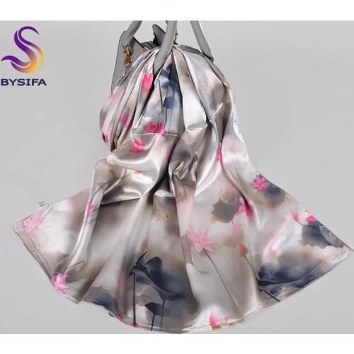 [BYSIFA] Grey Pink Women Long Silk Scarf Shawl Fashion Brand Satin Scarves Printed Spring Fall Chinese Roses Head Scarf160*70cm