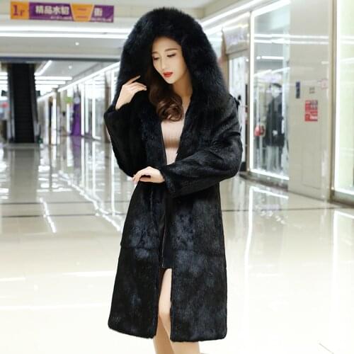 Women Hooded Full Pelt Rabbit Fur Long Coat With Fur Hood and Natural Fox Fur Collar Luxury Big Size Fur Outwear ksr323
