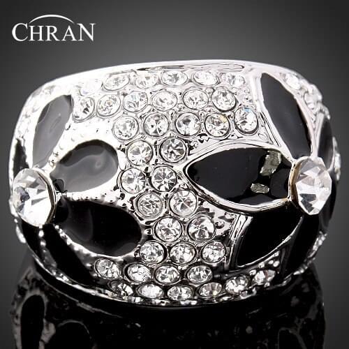 Chran Fashion Silver Plated Sparkling Crystal Finger Rings for Women Classic Enamel Flower Design Jewelry Rings