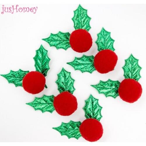 200pcs Metalic Green Christmas Holly Leaf w/ Red Berry Pompom Santa Holly Ornament for Xmas, Party Decoration, DIY Craft Supply