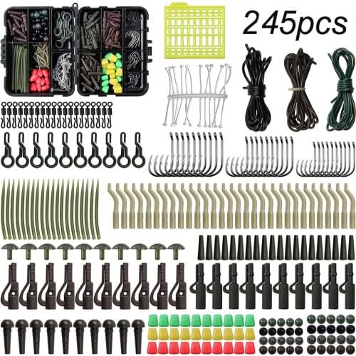 245Pcs/Box Carp Fishing Tackle Anti Tangle Sleeve Line Aligner Carp Hooks Swivels Lead Clips Carp Fishing Bait Accessories