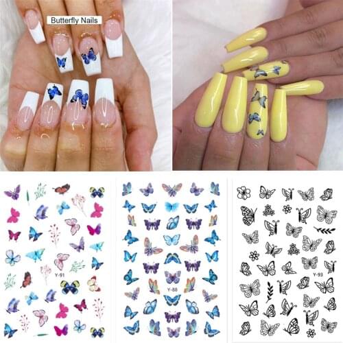 3D Butterfly Nail Art Stickers White Blue Butterflies Transfer Nail Sticker Decals Sliders for DIY Nails Art Decoration Manicure