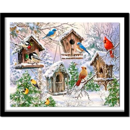 5D DIY Diamond Embroidery Winter 100% Round Drill Decoration Birds in House Diamond Painting Cross Stitch Full Square Rhinestone