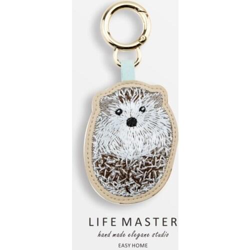 Handmade PU Leather Hedgehog Animal Dog Pet Embroidery Bag Keychain Creative Keyring For Women Trinket Pendant Keychains D864