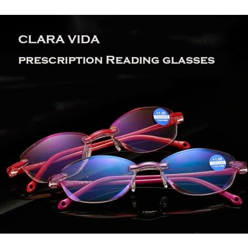 ClLARA VIDA Rimless Eyeglasses UV Anti Blue Ray Presbyopia Pink Purple Computer Reading Glasses For women 1.5 +2 +2.5 +3 +3.5 +4