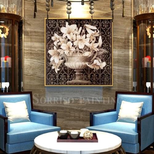 Europe Classic Lily Vase Canvas Painting Hallway Wall Art Pictures For Living Room Corridor Posters And Prints Home Dining Decor