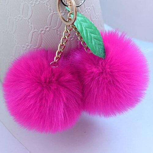 Korean Fashion Double Fluffy Pompom Balls Keychain Candy Color Cherry Keychain For Bag Car Women Artificial Rabbit Fur Key Chain