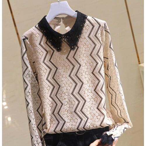 Lace Patchwork Women Blouse Autumn New Fleece Thicken Warm Turn-Down Collar Loose Office Lady Striped Female Pulls Outwear Tops