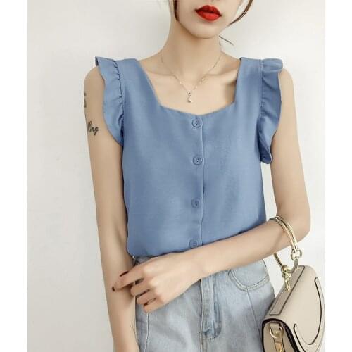 Chiffon Tank Top Women Summer Sleeveless Square Neck Elegant Ladies Tops Ruffle Beige White Blue Red Yellow Tank Top Female