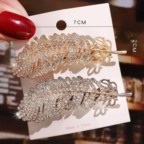 Fashion Crystal Leaf Feather Elegant Women Barrettes Hair Clip Hairgrips Hair Pin Hair Accessories Rhinestone Hairpin for Girls