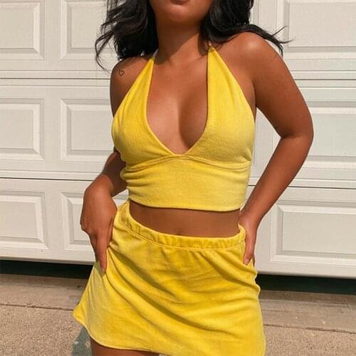Fashion Halter Sexy Backless Crop Top And Mini Skirts All-Matching Set Two Piece Set Outfits Summer 2021 Womens Clothing Sets