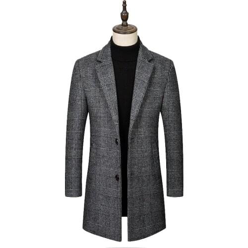 Mens Plaid Wool Jacket 2020 New Fashion Mens Casual Thick Long Jacket Windproof Slim Fit Lapel Coat Male SA954