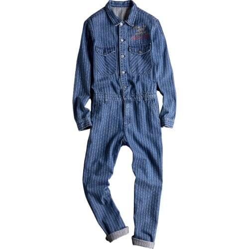 Mens long-sleeved denim overalls spring and autumn overalls streetwear striped casual wear