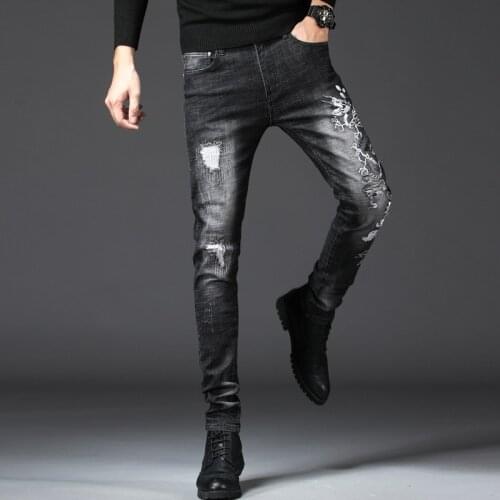 New European Style Jeans Simple Patch Embroidered Stretch Pencil Pants Slim Slim Black Denim Trousers
